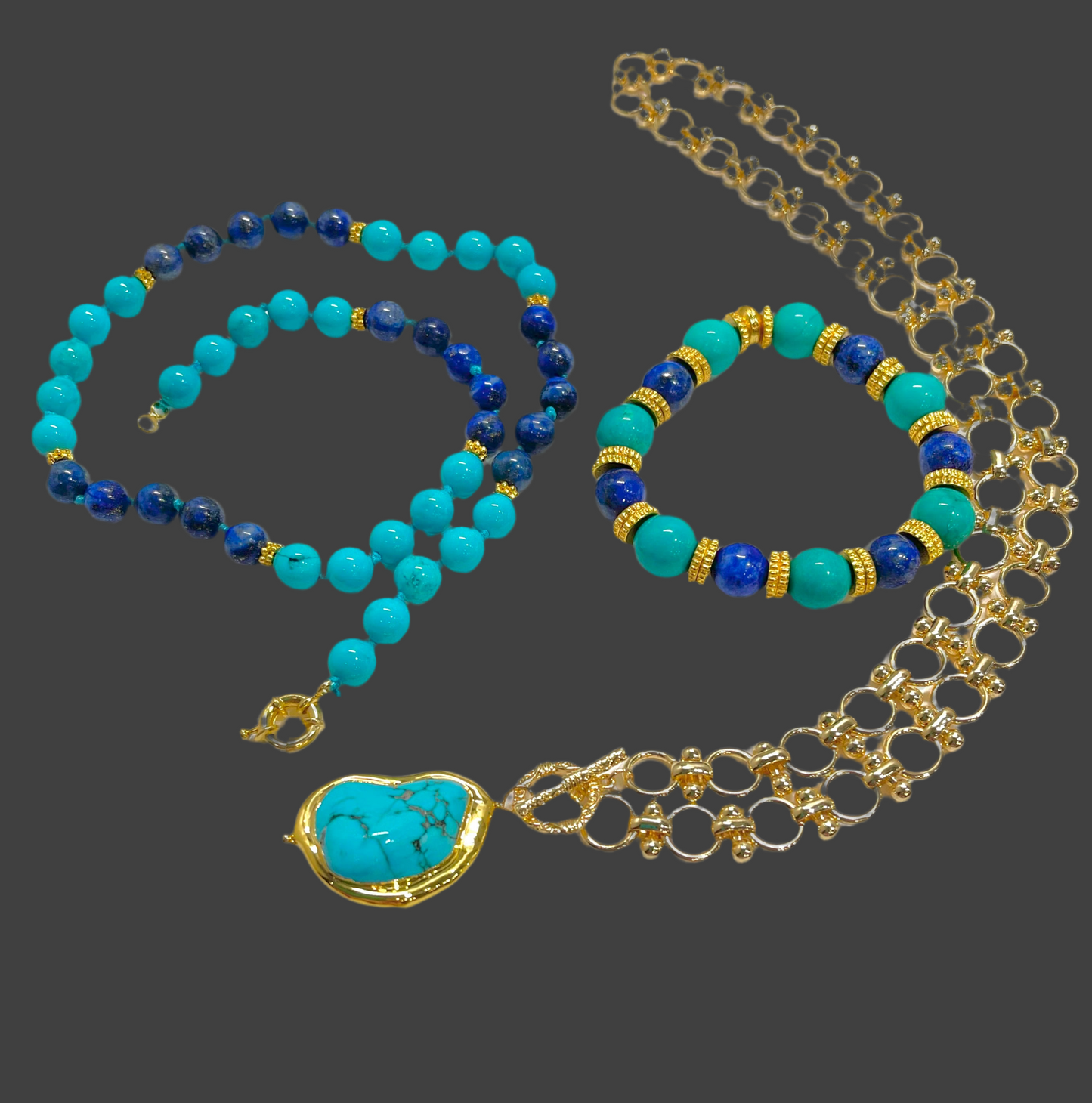 Turquoise & Lapis Lazuli Gemstone Layered Necklace and Bracelet Set