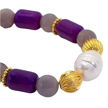 Sugilite, Onyx & Pearl Gemstone Beaded Bracelet