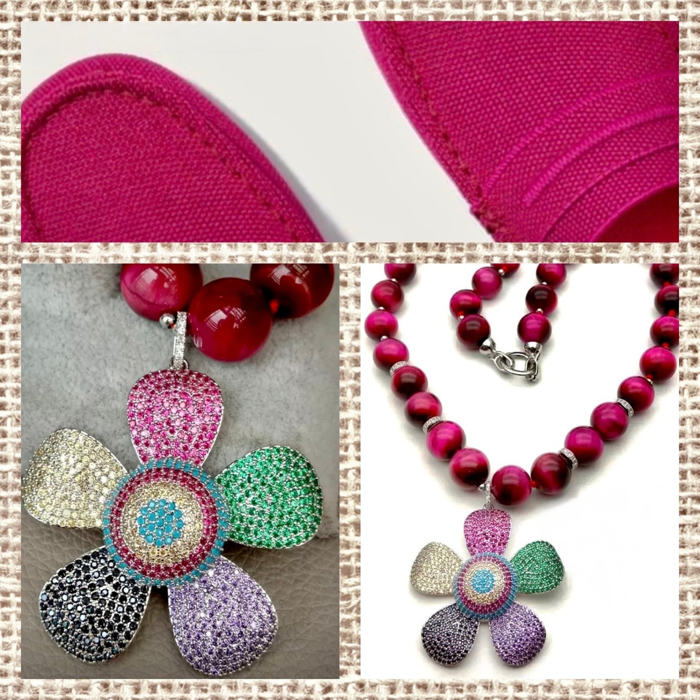 Pink Fuchsia Tiger’s Eye & Pave Flower Statement Necklace 24”