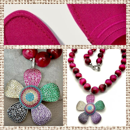 Pink Fuchsia Tiger’s Eye & Pave Flower Statement Necklace 24”