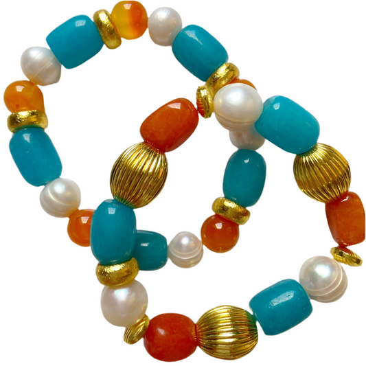 Orange Carnelian and Sea Blue Jade Gemstones Gold Beaded Bracelet