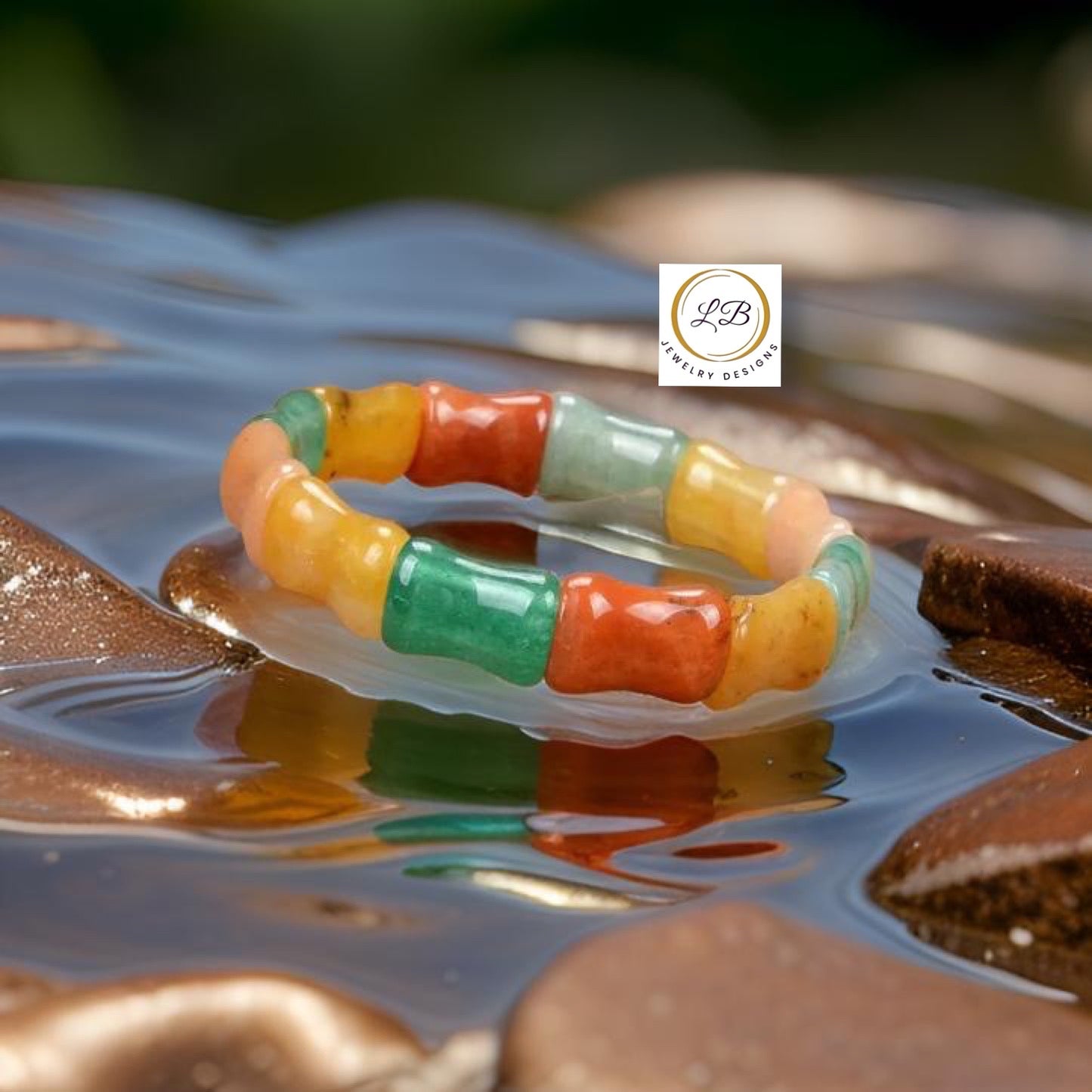 Multi-Gemstone Bamboo-Shaped Bangle Bracelet