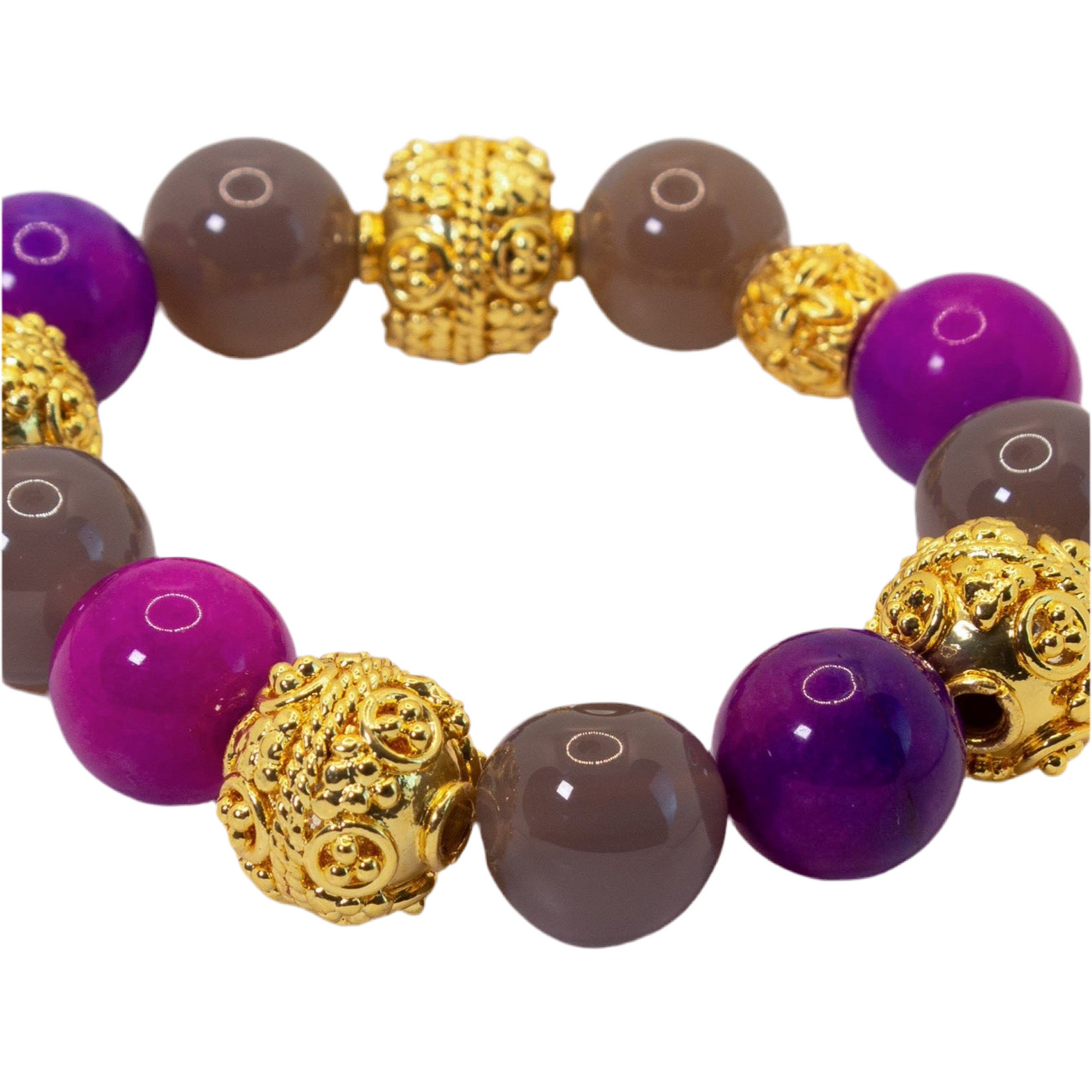 Purple Sugilite & Grey Onyx Gemstones 18k Gold Bali Statement Bracelet