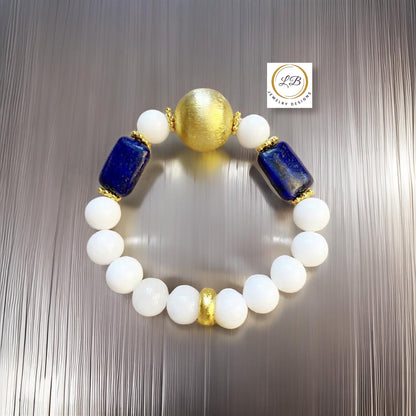 Lapis Lazuli & Alabaster Gemstone Brushed Gold Vermeil Beaded Bracelet(s)