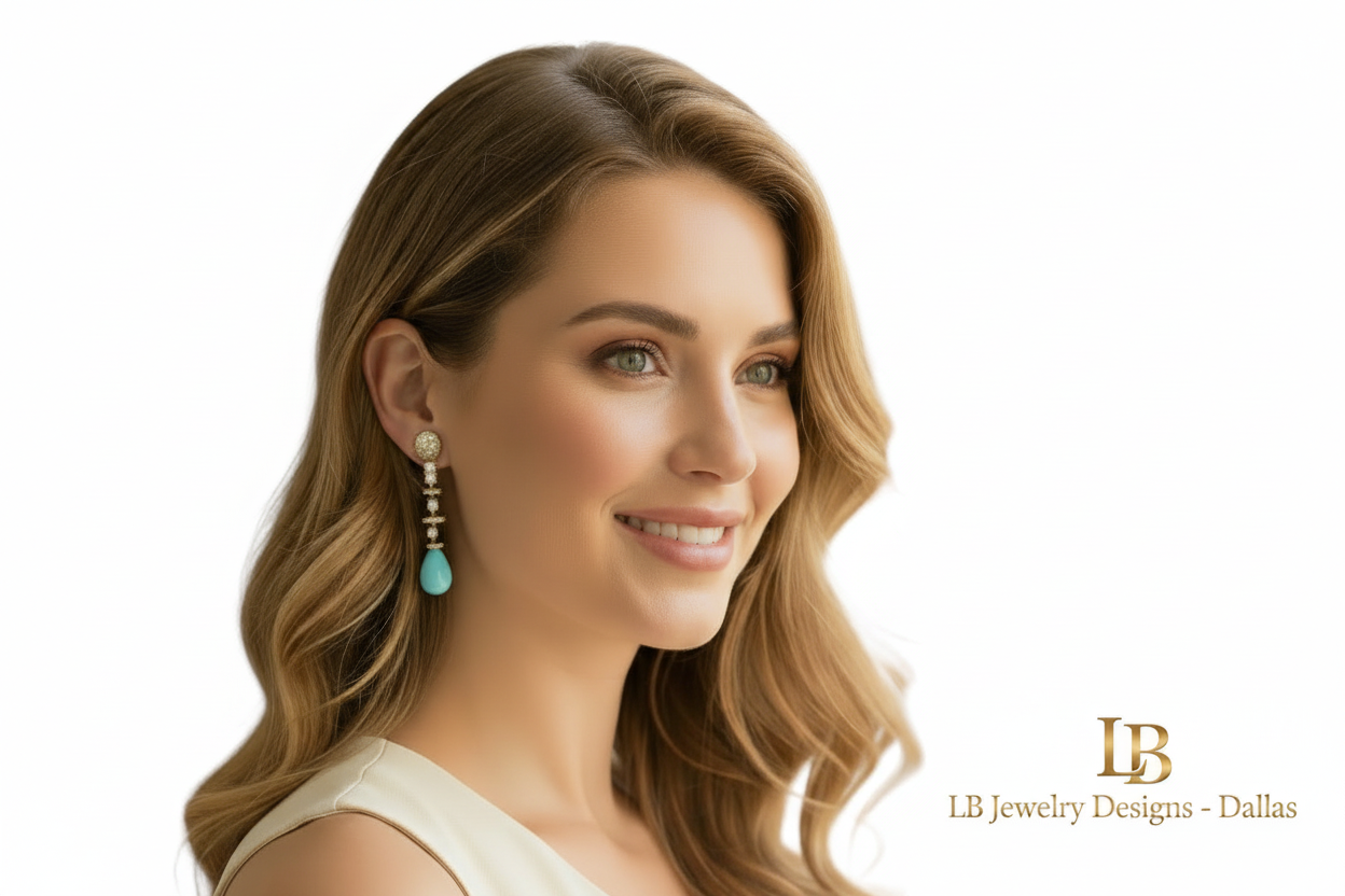 Sleeping Beauty Turquoise Dangle Earrings - Pave Gold Statement Earrings 1.8”