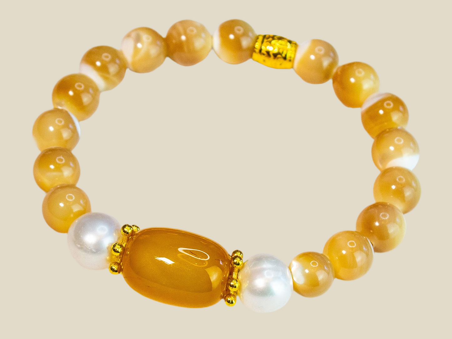 Creamy Mother of Pearl, Pearl and Yellow Onyx Gemstone Necklace and Bracelet Set