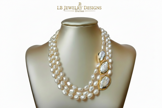 Baroque Pearl Triple-Strand Statement Necklace - Keshi Pearl Gold Vermeil Necklace