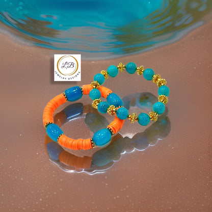 Blue Amazonite Gemstones and Orange Heishi Beaded Bracelet Stack
