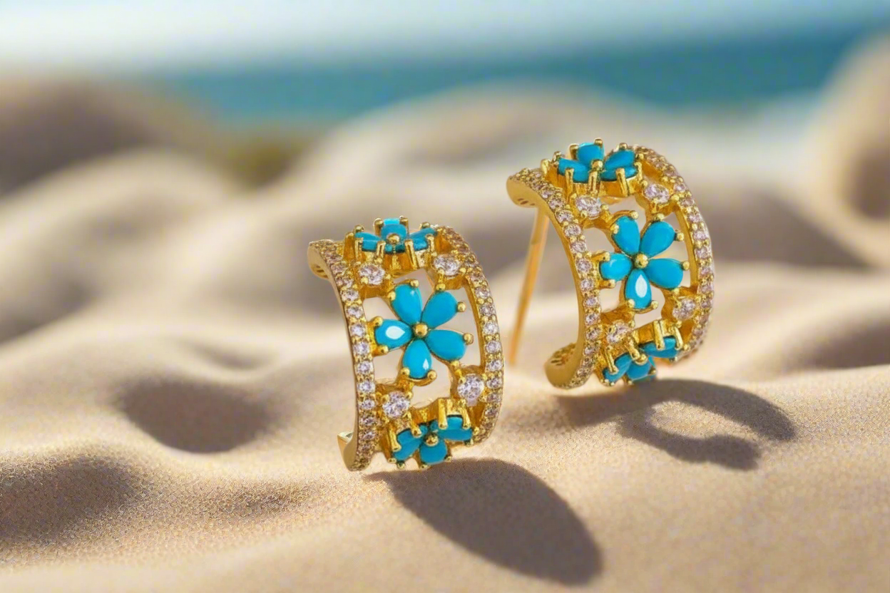Turquoise CZ Huggie Hoop Earrings