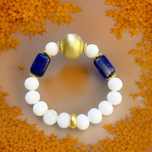 Lapis Lazuli & Alabaster Gemstone Brushed Gold Vermeil Beaded Bracelet(s)