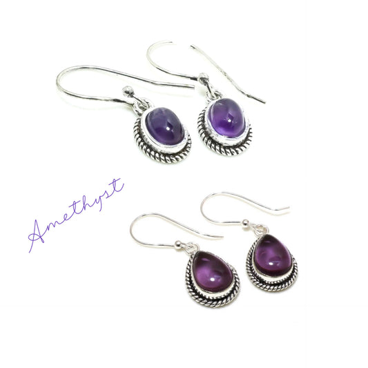 Purple Amethyst Gemstone Silver Dangle Earrings 2”