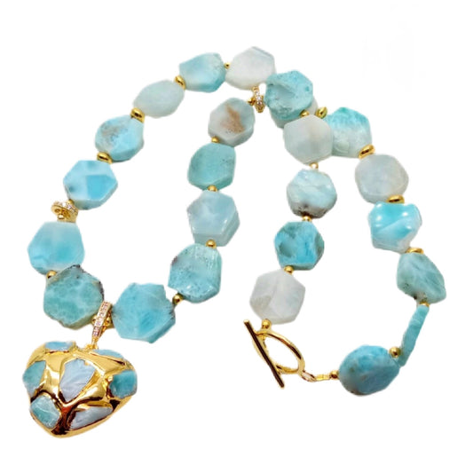 Caribbean Blue Larimar Heart Pendant Necklace – Hexagon Larimar Statement Necklace in Gold | Luxury Resort Jewelry