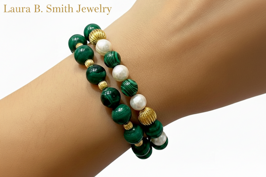 Malachite & Freshwater Pearl Bracelet Stack - Resort Jewelry