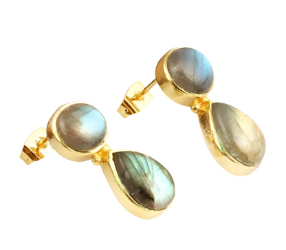 Iridescent Fire Labradorite Gemstone Stud Dangle Earrings 1.25"