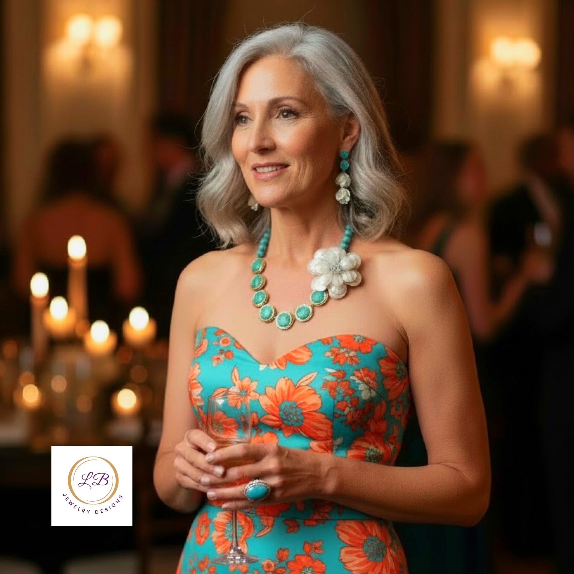 Turquoise & Pearl Pendant Statement Necklace 20”