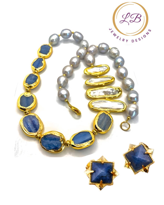 Blue Kyanite & Pearl Necklace, Earrings Set -  Luxury Gold Resort Jewelry