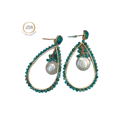 Apatite & Coin Pearl Gemstone Dangle/Hoop Earrings 2”