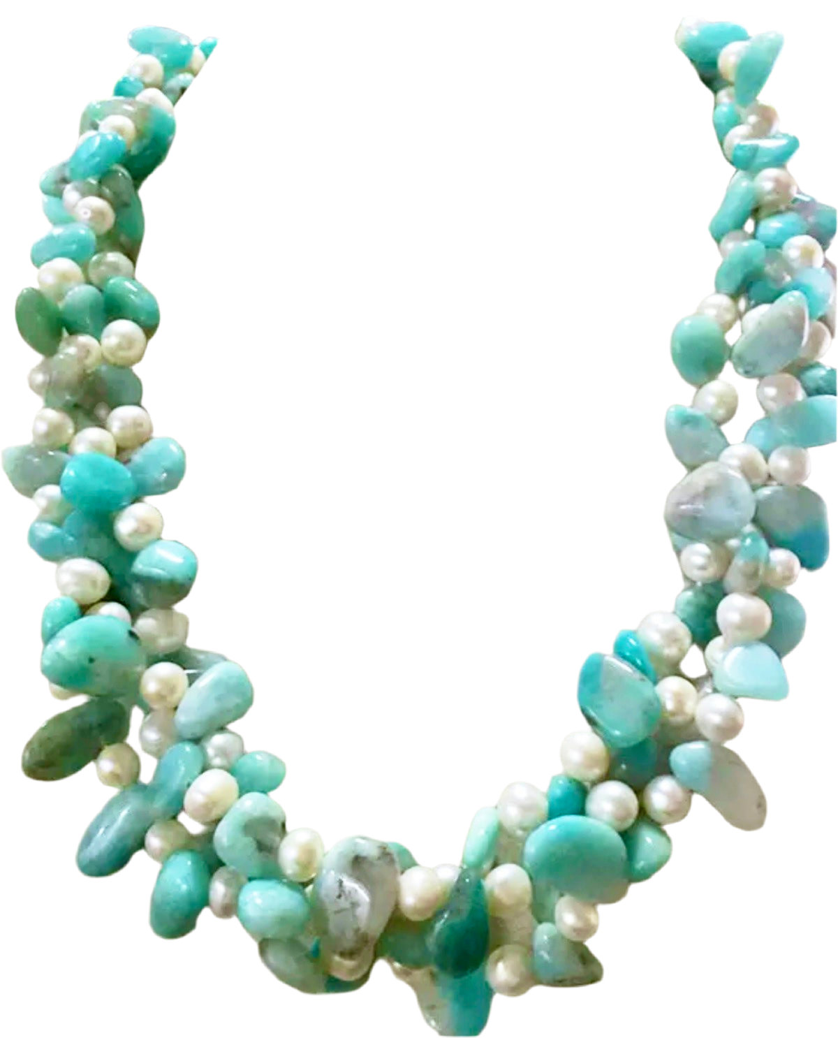 Green Amazonite Gemstones and Freshwater Pearls Triple-Strand Statement Necklace 20"