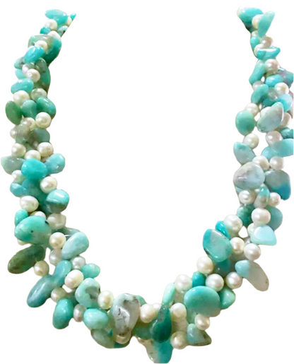 Green Amazonite Gemstones and Freshwater Pearls Triple-Strand Statement Necklace 20"