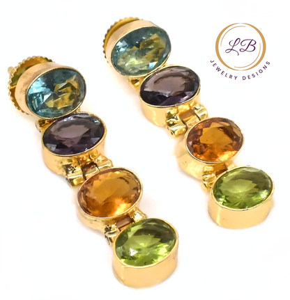 Multi-Gemstone Topaz, Ameythst, Citrine and Peridot Gemstone Dangle Earrings 1.5”