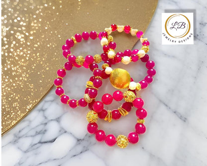 Rose Ruby Quartz & Baroque Pearl Gemstone Gold Beaded Bracelet