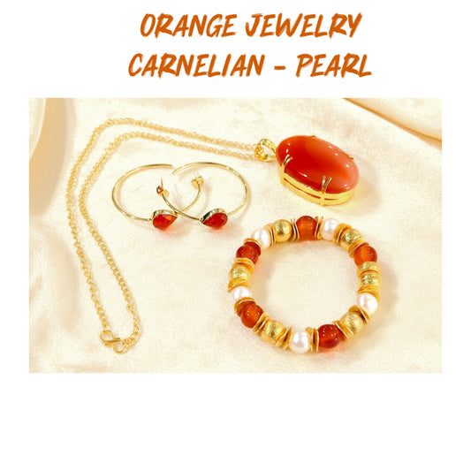 Orange Carnelian Pendant Necklace, Bracelet and Hoops Three-Piece Set