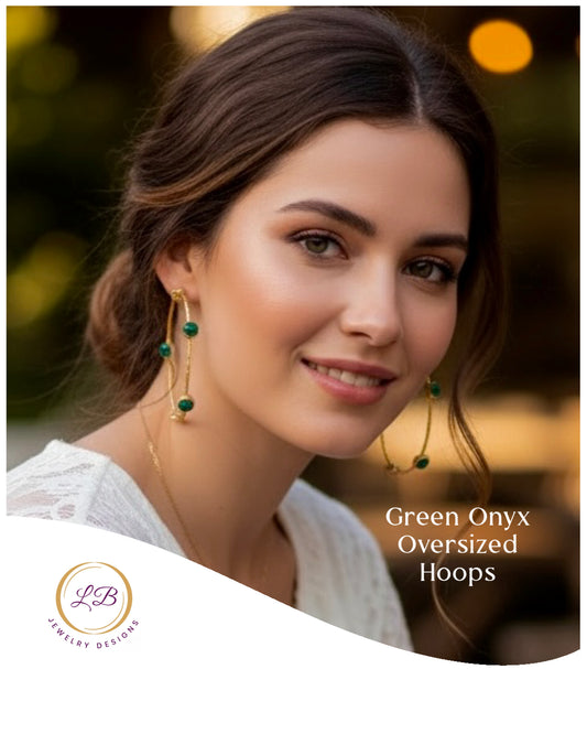 Oversized Gold Hoop Green Onyx Inside-Out Earrings 2.5”