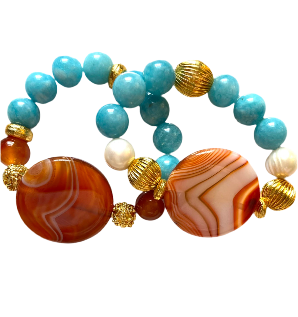 Orange-Striped Onyx, Aquamarine & Pearl Gemstone Beaded Bracelet (Two Designs)