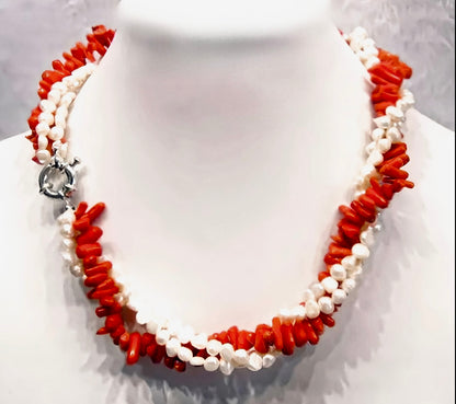 Triple-Strand Irregular Sapling-Shaped Coral and Pearl Statement Necklace