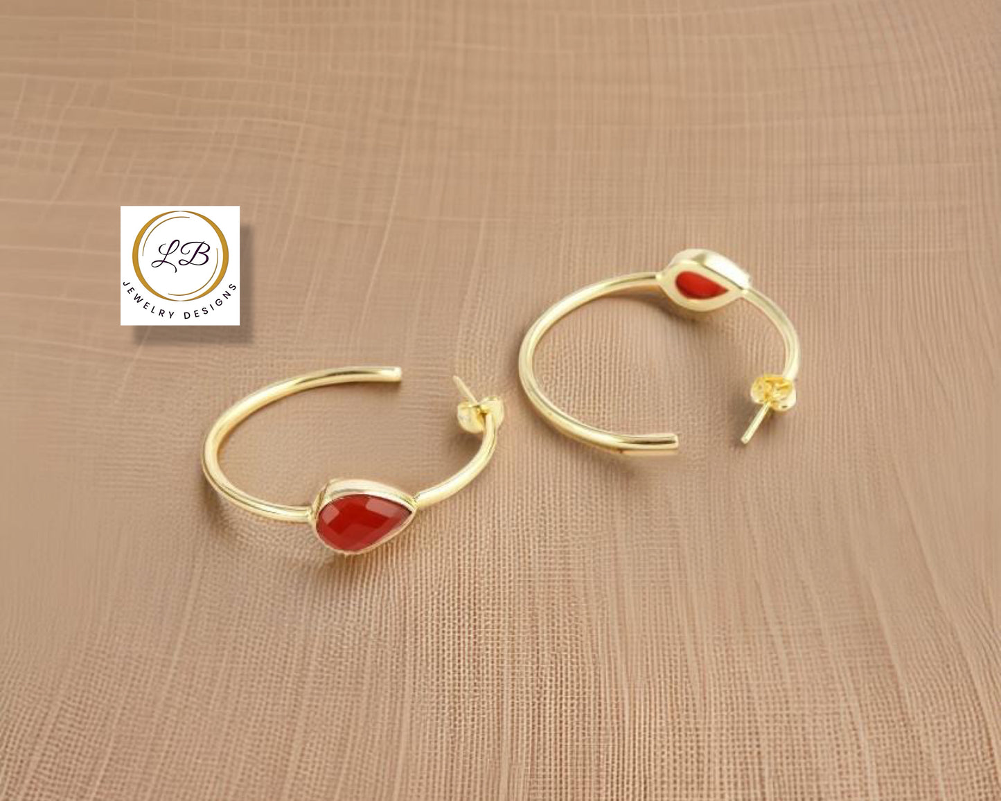 Pear-Shaped Orange Carnelian Gemstone Hoop Earrings 2.25”