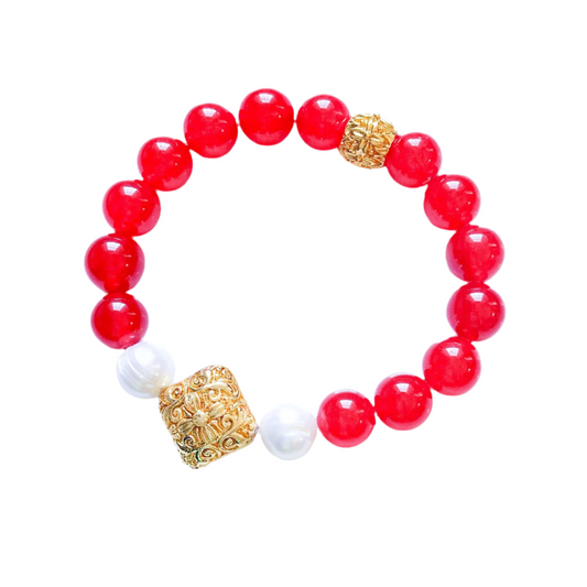 Red Aventurine, Baroque Pearls 18k Gold Vermeil Beaded Bracelet