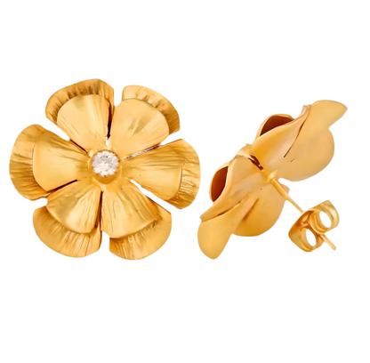 White Topaz 22k Gold Flower Statement Earrings 1”