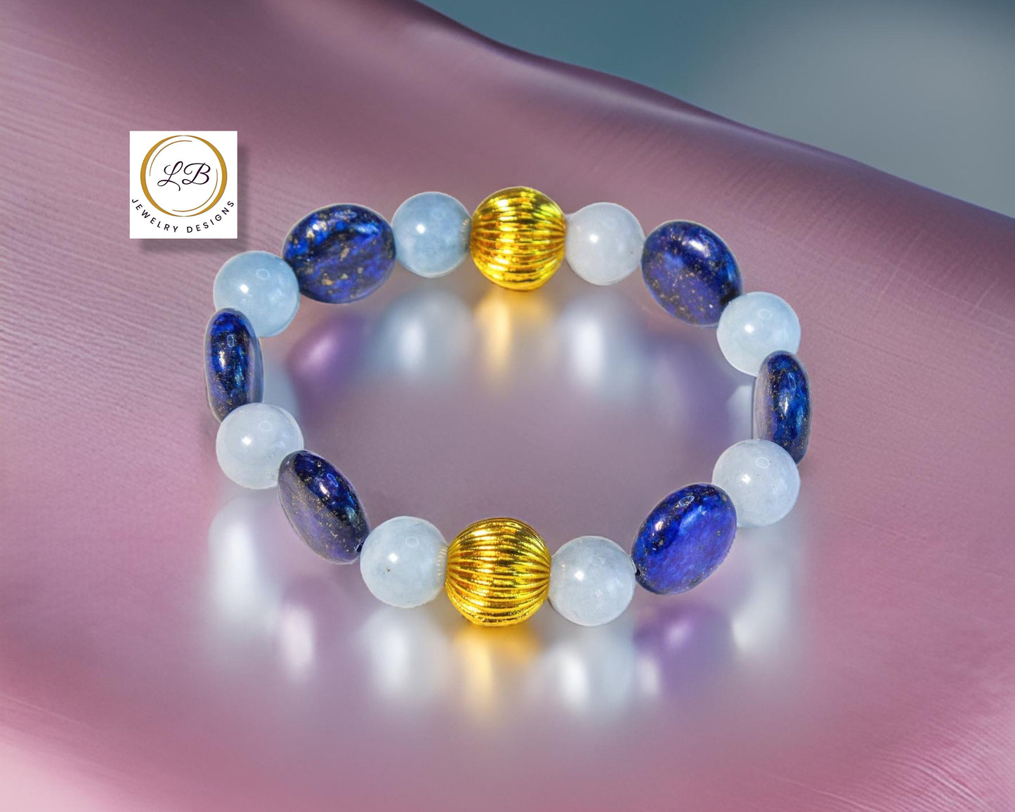 Coin-Shaped Lapis Lazuli & Aquamarine Gemstone Beaded Bracelet