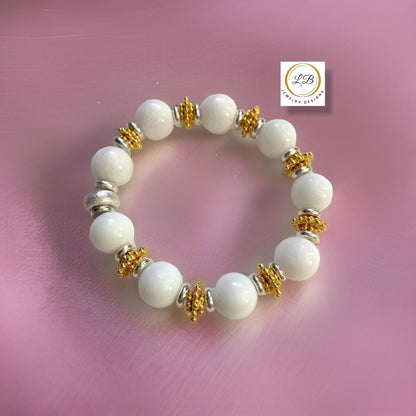 Alabaster Gemstone Beaded Bracelet with Silver & Gold Accents