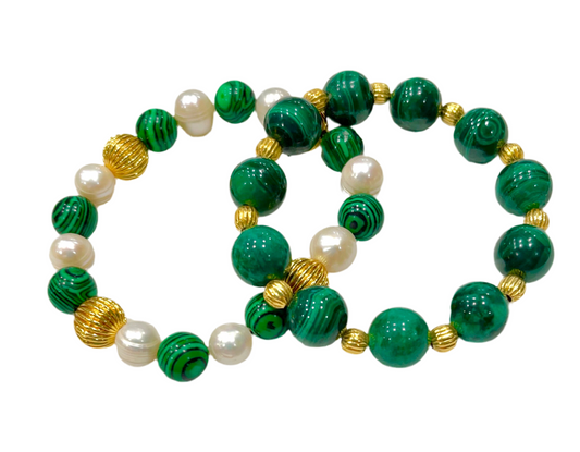 Malachite & Pearl Gemstone Gold Bracelet Stack Set