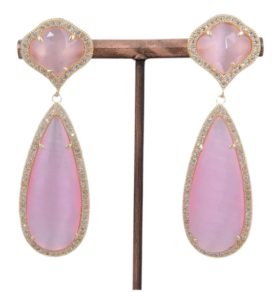 Pastel Pink Cat’s Eye Gemstone Statement Earrings 2.5”