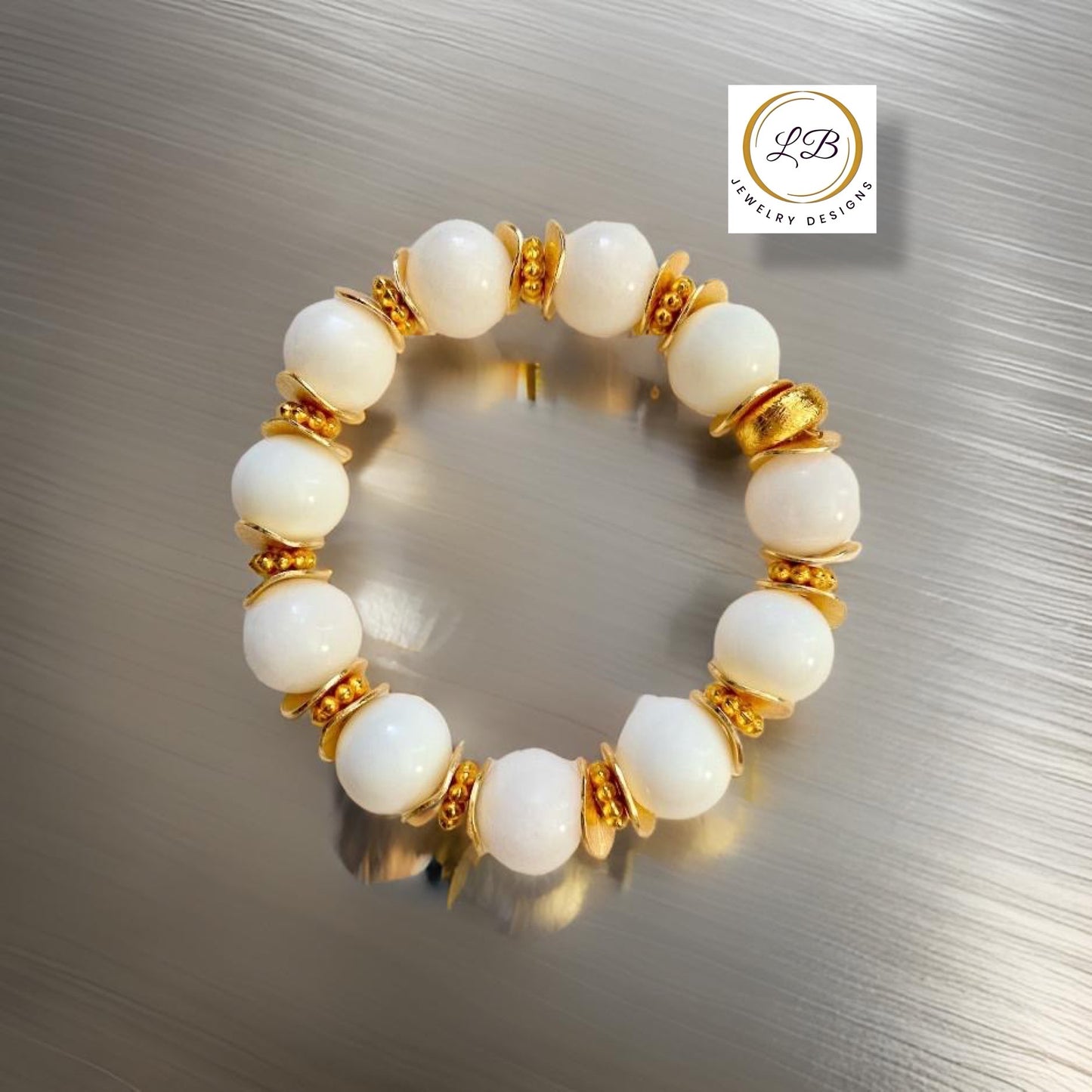 White Alabaster Gemstone Gold Beaded Bracelet