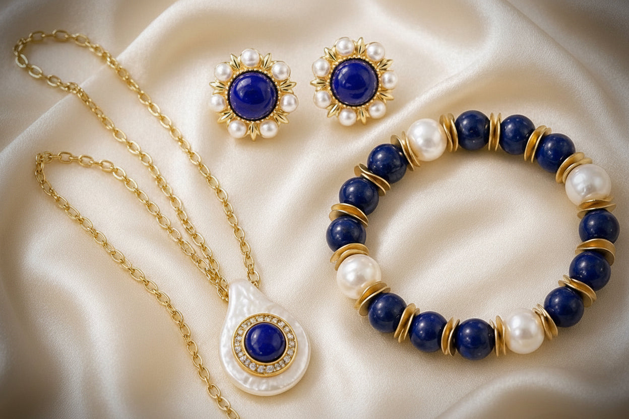 Capri Azure Lapis & Pearl Pendant Necklace, Stud Earrings & Bracelet Set – Gold Vermeil Coastal Luxury Jewelry