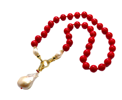 Rare Keshi Pearl and Red Gemstone Double-Knotted Statement Necklace 18"