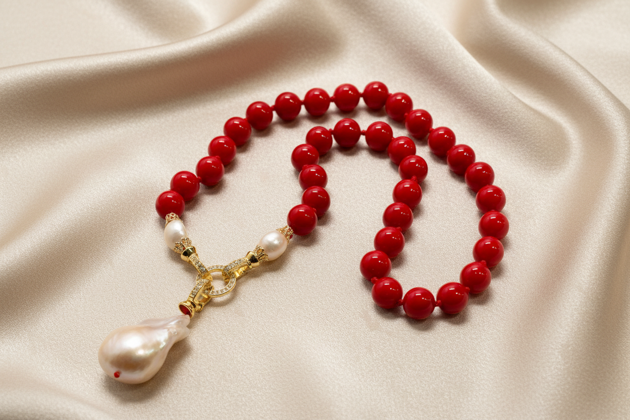 Red Coral & Keshi Pearl Pendant Necklace - Luxury Resort Statement Jewelry