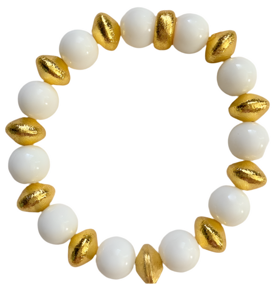 White Alabaster Gemstone Beaded Bracelet with 18k Brushed Gold Vermeil Accents