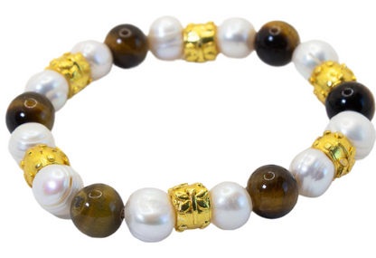 Tiger's Eye & Pearl Gemstone Gold Vermeil Beaded Bracelet