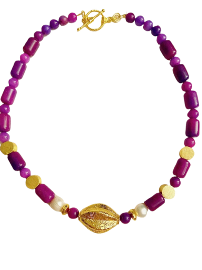 Purple Sugilite & Pearls Gemstone Gold Vermeil Pendant Necklace 20"