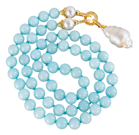 Rare Keshi Pearl Drop & Aquamarine Gemstone Double-Knotted Statement Necklace 18