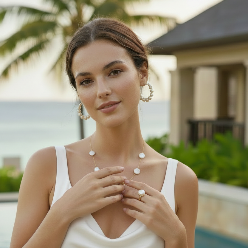 Montecito Coin Pearl Necklace & Hoop Earring Set - Coastal Luxury Jewelry