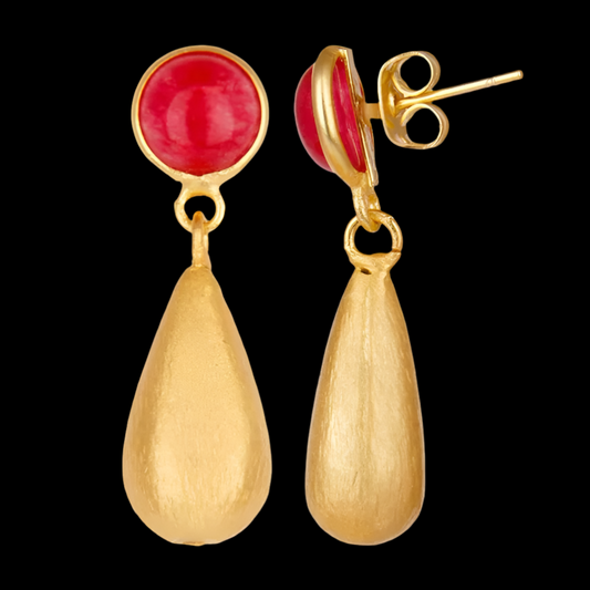 Pink Aventurine Gemstones and 22k Brushed Gold Vermeil Teardrop Dangle Earrings 1.5”