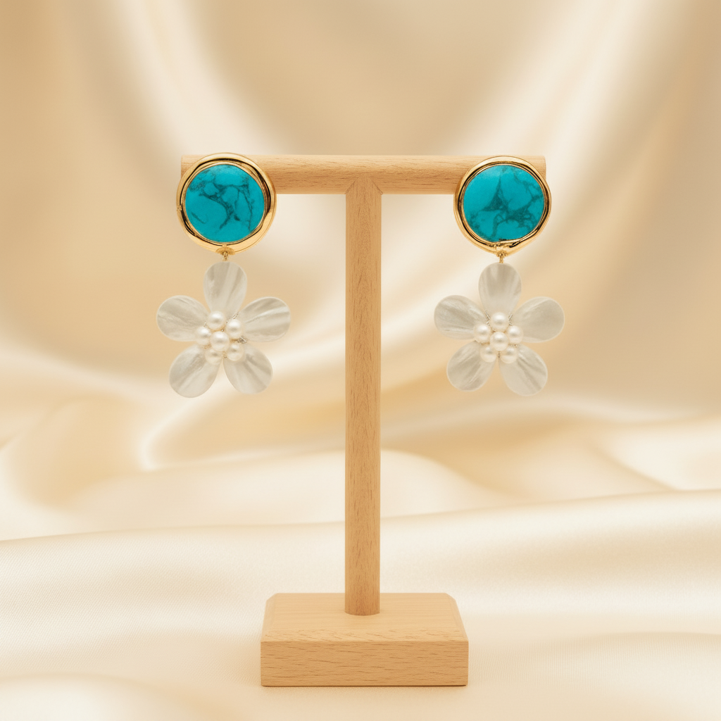 Capri Turquoise & Pearl Shell Flower Statement Earrings – 24k Gold Coastal Resort Earrings