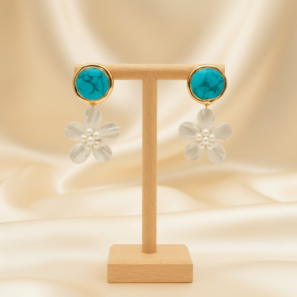 Capri Turquoise & Pearl Shell Flower Statement Earrings – 24k Gold Coastal Resort Earrings
