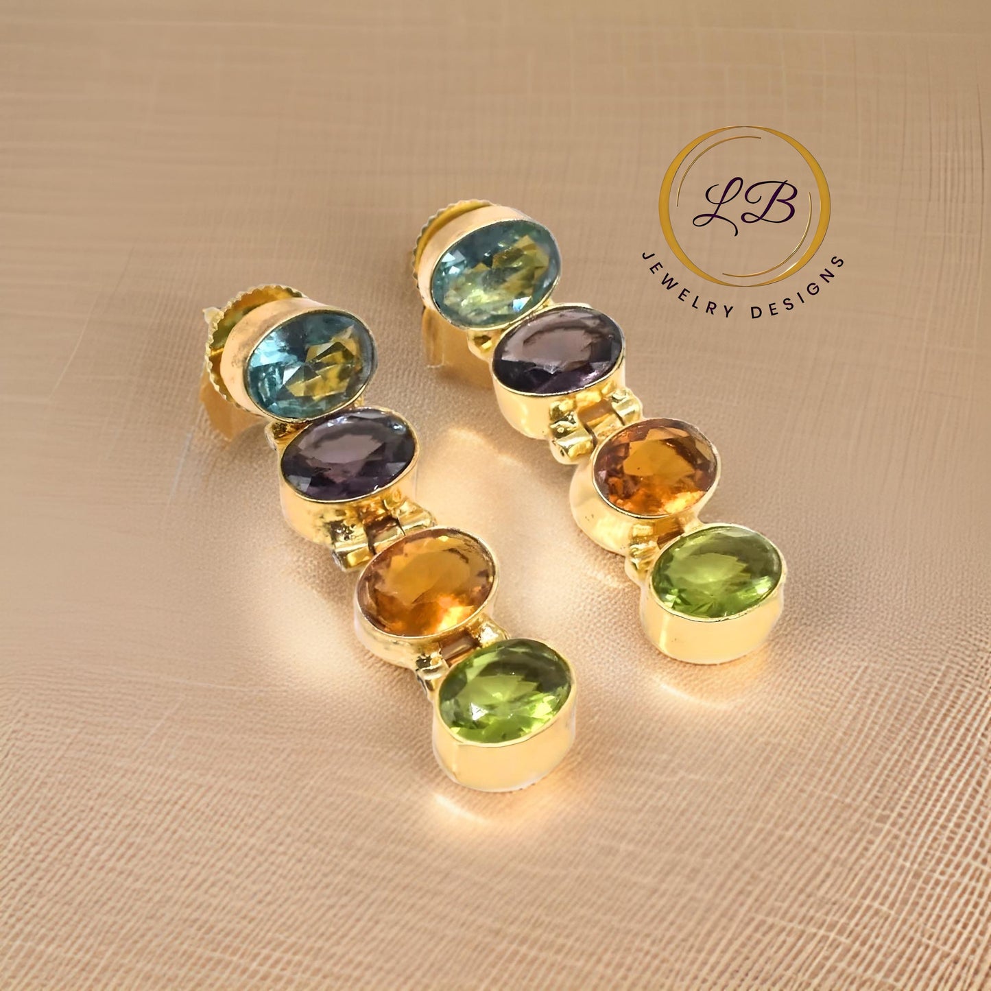 Multi-Gemstone Topaz, Ameythst, Citrine and Peridot Gemstone Dangle Earrings 1.5”