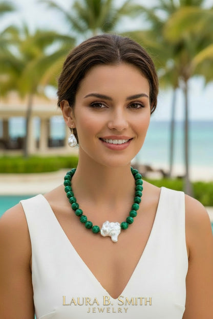 Luxury Malachite & Baroque Pearl Statement Necklace - 18” Hand-Knotted Green Gemstone Necklace